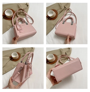 Pink lychee texture square bag with woven handle and silk scarf detail from multiple angles