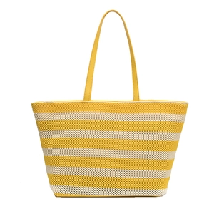 Minimalist large tote bag with yellow and cream stripes and mesh woven texture