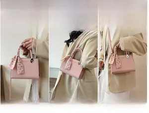 Detailed views of pink textured faux leather handbag showing hand, shoulder, and crossbody carry