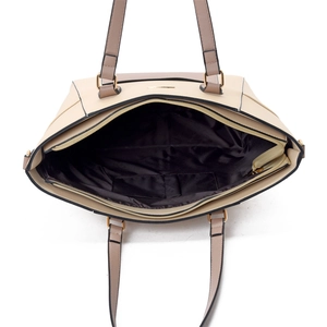 Top view of two-tone tote bag showing spacious interior with black lining and zip pocket