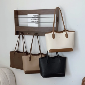 Fashion Women Tote Bag PU Leather Litchi Pattern Contrast Color Large Capacity Shoulder Handbag Zipper Daily Commuting