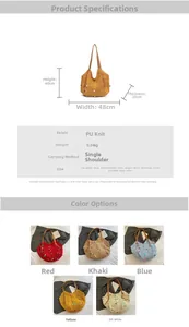 Detailed size chart and multi-color options for large woven hollow knit shoulder bag