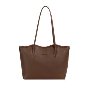 Brown lychee textured leather tote bag with fashion lettering and long shoulder strap