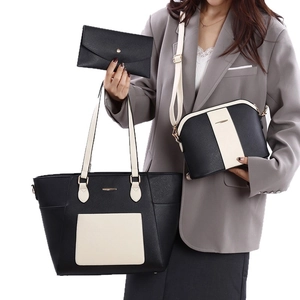 Three-piece black and beige patchwork tote, shell bag, and clutch set for women