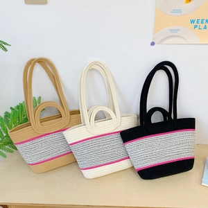 Woven Tote Bag Contrast Stripe Cotton Rope Handbag Large Capacity Beach Vacation Casual Shoulder Bag For Women