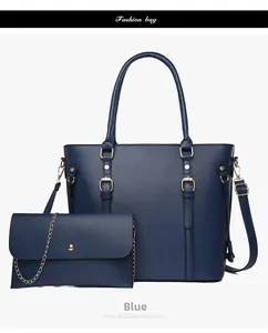 Detail of blue Saffiano leather tote bag set with gold hardware and chain pouch