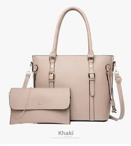 Detailed view of khaki tote bag set with matching chain crossbody in cross-grain leather