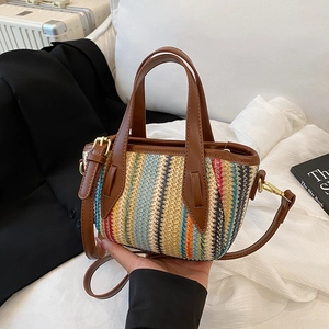 Fashionable colorful striped straw woven shoulder bag with brown leather handles for summer