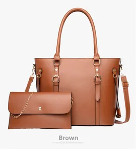 Brown cross-grain tote and envelope clutch set with gold chain and thin shoulder strap