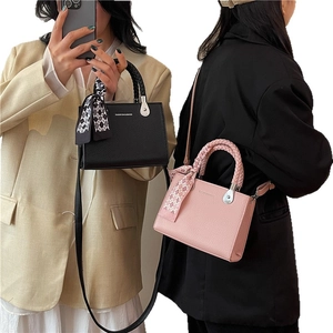 Litchi pattern square mini tote bag set in black and pink with woven handles and silk scarves