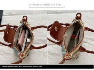 Detail view of woven handbag interior showing storage for phone and accessories