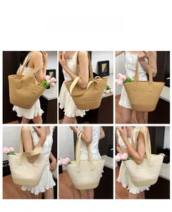 Detailed views of handmade woven beach tote bag with hollow pattern on a model