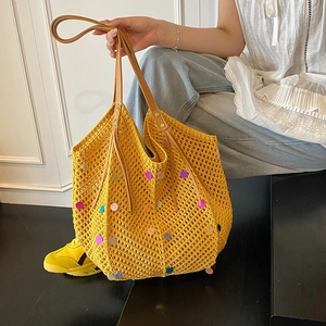 Yellow knitted hollow tote bag with colorful sequins and brown leather shoulder straps