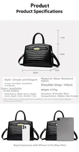 Detailed size specifications for the black crocodile embossed handbag with dimension guide