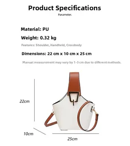 Detailed specifications of color-block PU leather bucket bag with size dimensions