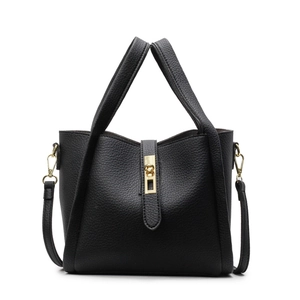 Classic black leather handbag with gold metal clasp and dual handles on white background