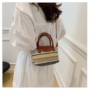 Detail of a mini woven straw crossbody bag featuring three-color stripes and leather trim