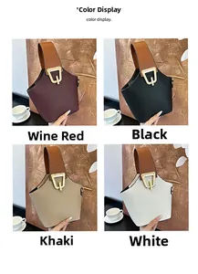 Detail view of color options for the leather bucket bag with metallic buckles