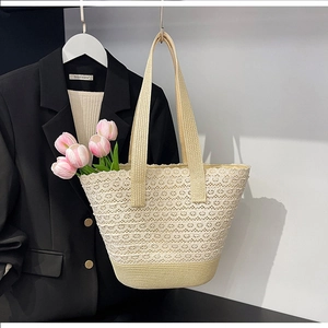 Close-up of beige woven tote bag with intricate lace patterns and hollowed textures