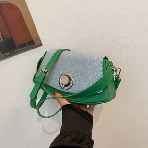 Women's green PU leather shoulder bag with textured tweed flap and silver circular lock