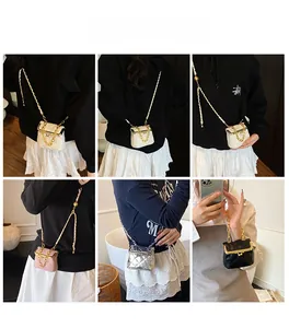 Quilted mini chain bag showing various colors and dual metallic strap details