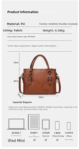 Tableau des tailles pour cabas en cuir PU marron avec dimensions et détails de capacité