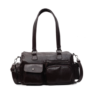 Sac bandoulière marron foncé texture litchi avec multi-poches et sangle réglable