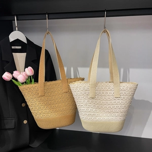 Hollow Out Straw Woven Tote Bag With Lace Floral Large Capacity Shoulder Handbag For Summer Beach Vacation Casual Boho