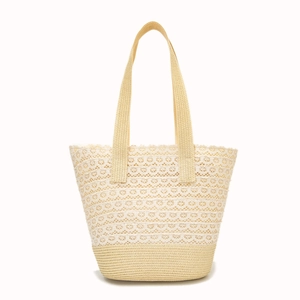 Beige woven beach tote bag with white lace hollow crochet and large capacity design