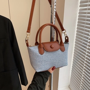 Mini woven crossbody bag in blue and white knit with brown leather flap and golden hardware