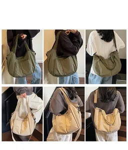 Multi-angle view of large nylon crossbody bag with adjustable straps and multiple pockets