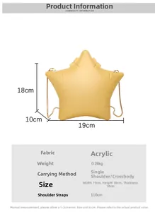 Detailed dimensions of yellow star-shaped acrylic crossbody bag with gold chain strap