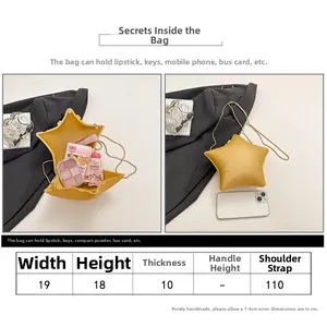 Star shaped acrylic handbag size chart showing 19x18x10cm dimensions and interior space