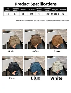 Detailed size chart and multi-color options for quilted PU leather crossbody handbags