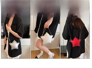 Three-way view of starry acrylic crossbody bag showing silver, white and red styles