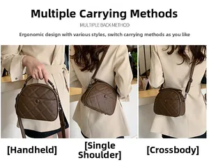 Three-way carry demonstration of brown quilted leather bag as handbag, shoulder, and crossbody