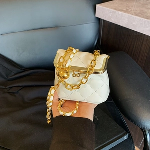 White quilted mini chain bag with vintage gold metal frame closure and decorative bead