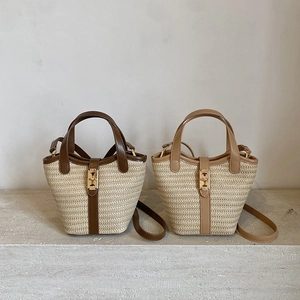 Straw Woven Bucket Bag PU Leather Trim Crossbody Handbag With Metal Lock Retro Summer Vacation Women Fashion