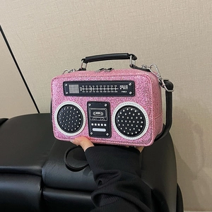 Creative pink sequin radio-shaped handbag with adjustable shoulder strap for women