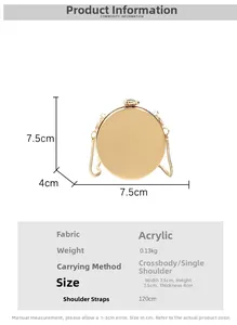 Size chart showing 7.5cm mini acrylic gold round bag dimensions and crossbody chain length