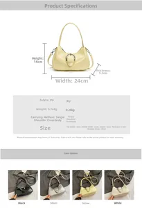 Detailed size specifications and color variants of the PU leather underarm bag with metal buckle