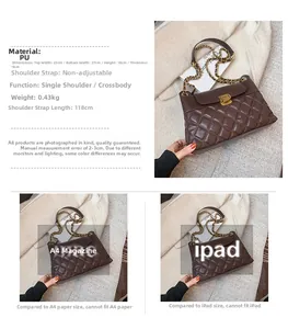 Detaillierte Größentabelle einer braunen Stepptasche aus PU mit Maßen und Goldkette