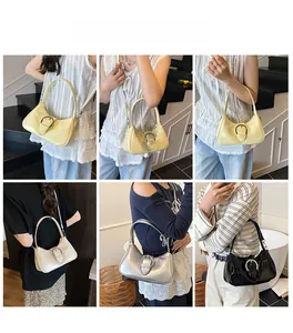 Collage of model wearing solid color underarm bags in pale yellow, cream, silver, and black