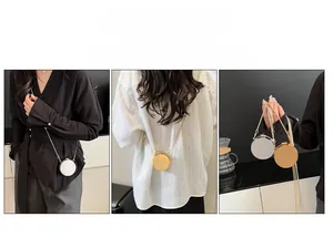 Detailed views of mini round acrylic bag showing multiple ways to wear with a metal chain