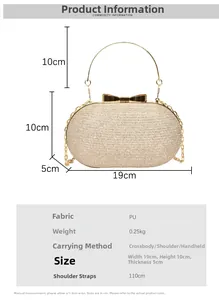 Detailed dimensions of elegant champagne glitter evening clutch with bow clasp and chain