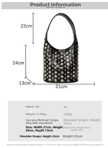 Detailed size chart of black studded bucket bag with 21x24x13cm dimensions and strap