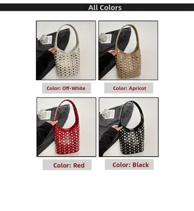 Collage of rivet bucket bags in off-white, apricot, red, and black color options