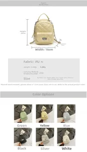 Quilted mini backpack dimensions and color options featuring PU leather and chain strap