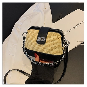 Detail of two-tone woven crossbody bag with silver twist lock and chain strap