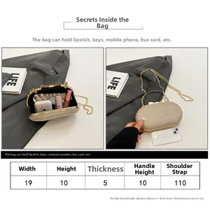 Size guide for gold sequin evening bag showing internal capacity and measurements